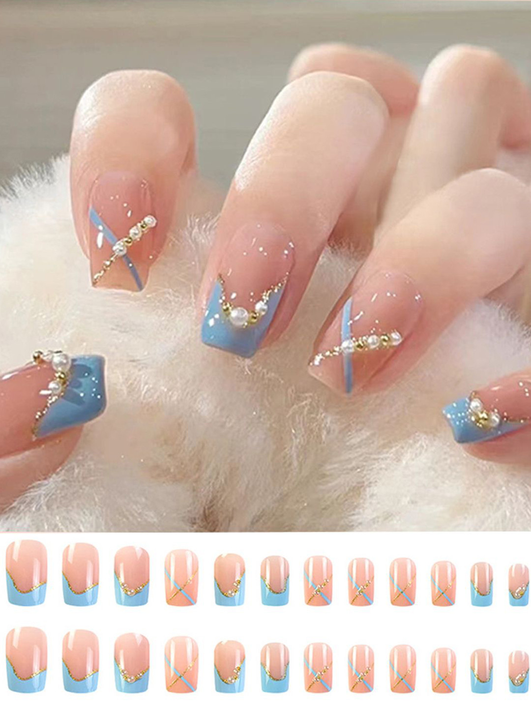 Secret Lives Set Of 24 Artificial Reusable Glitter Press On Nails Shade - Translucent Blue