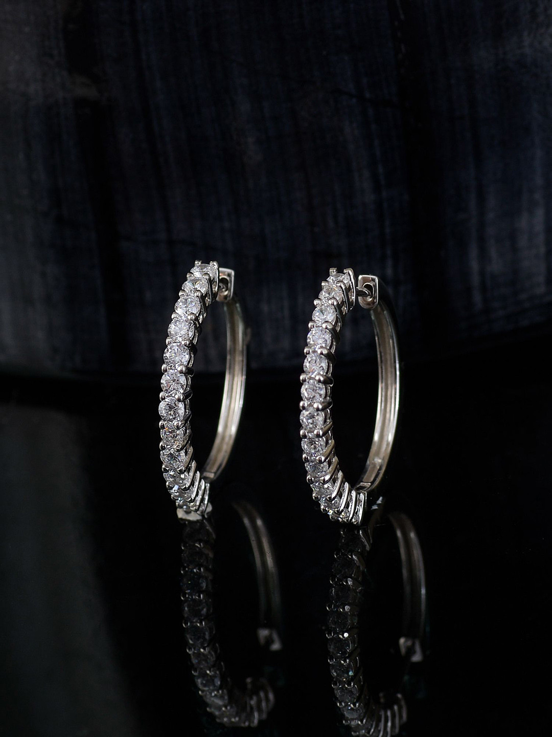 Ornate Jewels 925 Sterling Silver Rhodium-Plated CZ & AD Half Eternity Bali Hoops Earrings