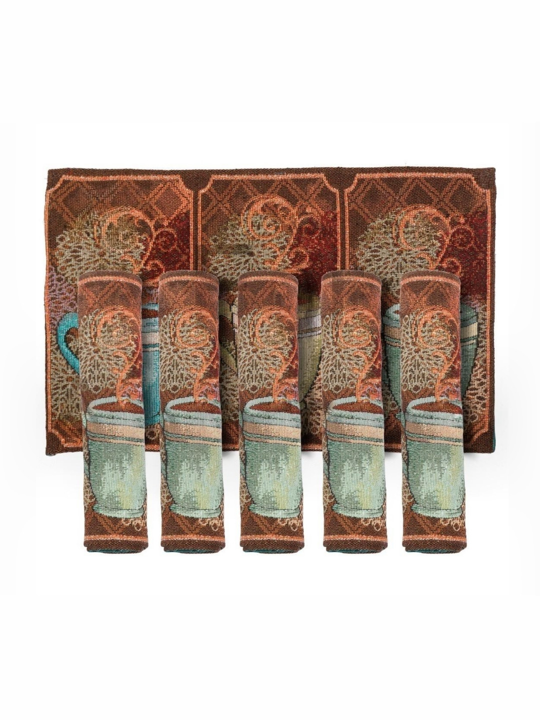 PRAKARTIK Set of 6 Brown & Green Rectangle Shaped Printed Cotton Dining Table Mats
