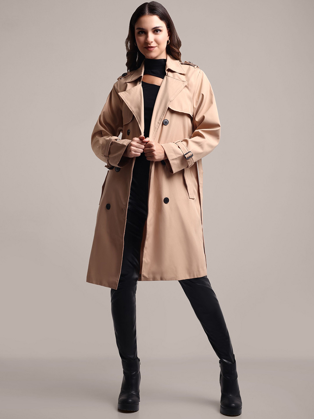 iki chic Women Double Breasted Trench Coat With Belt