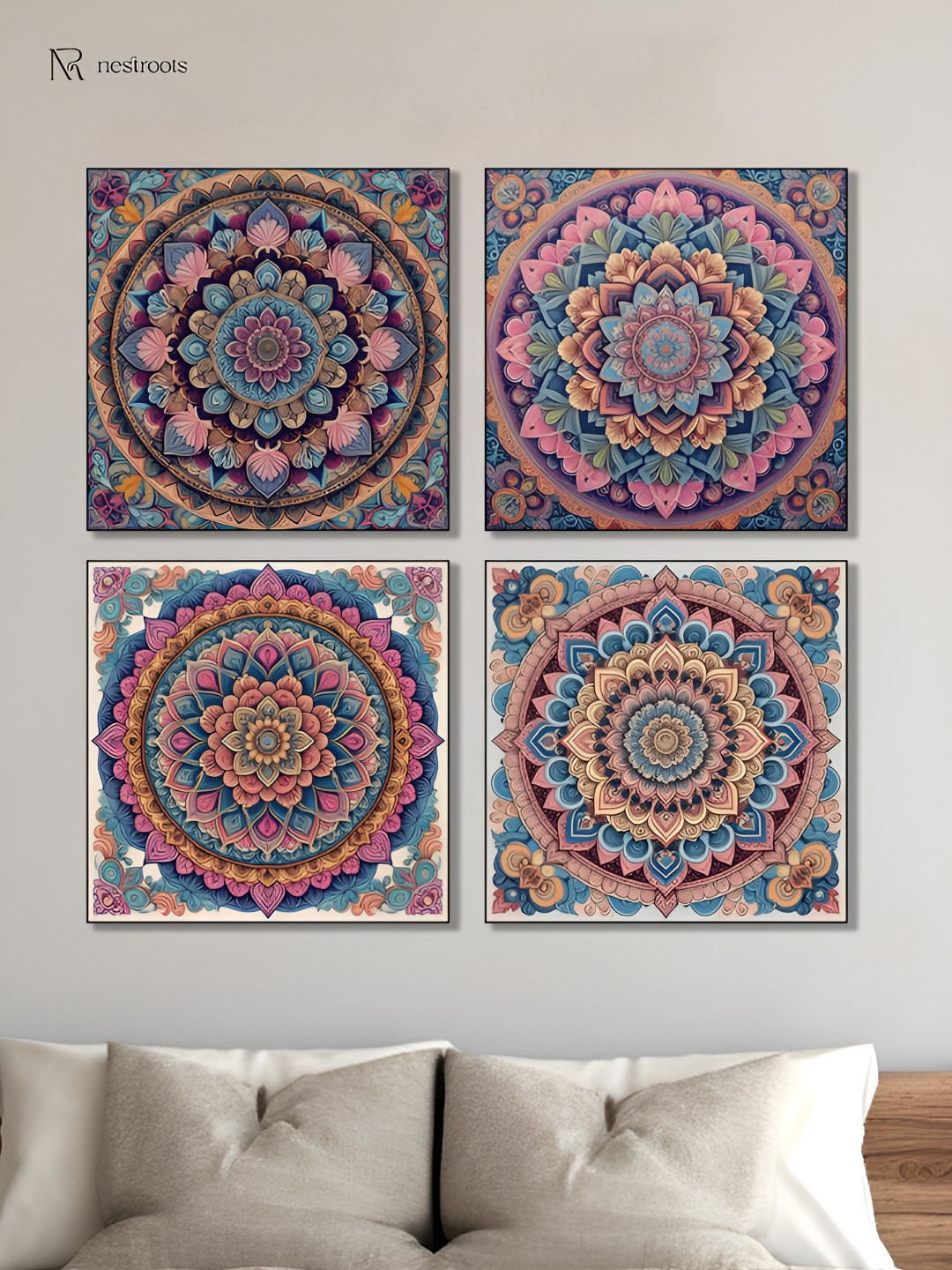 nestroots Blue & Pink 4 Pieces Intricate Mandala Flower Canvas Painting Wall Arts