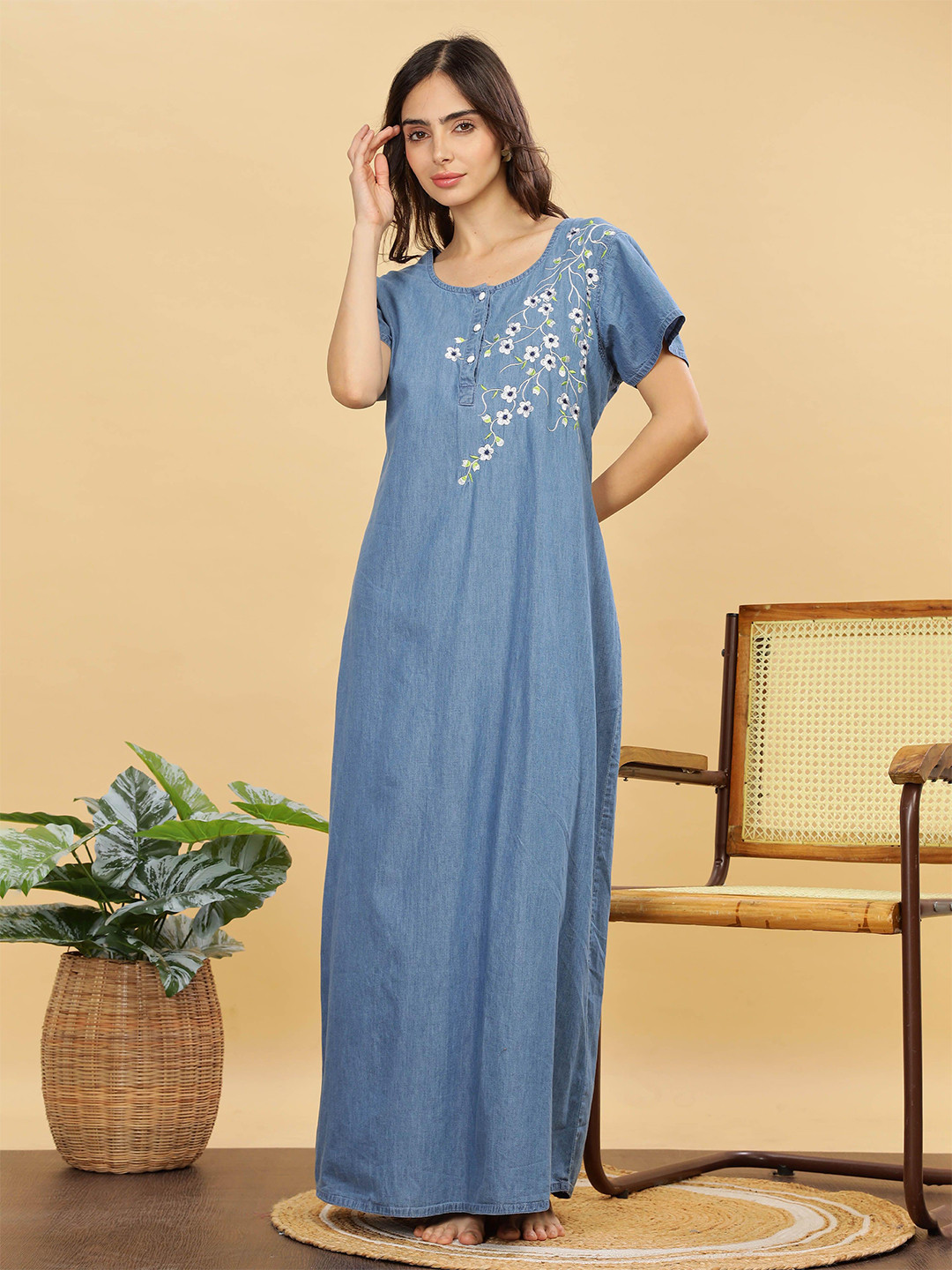 9shines Label Plus Size Floral Embroidered Denim Cotton Maxi Nightdress