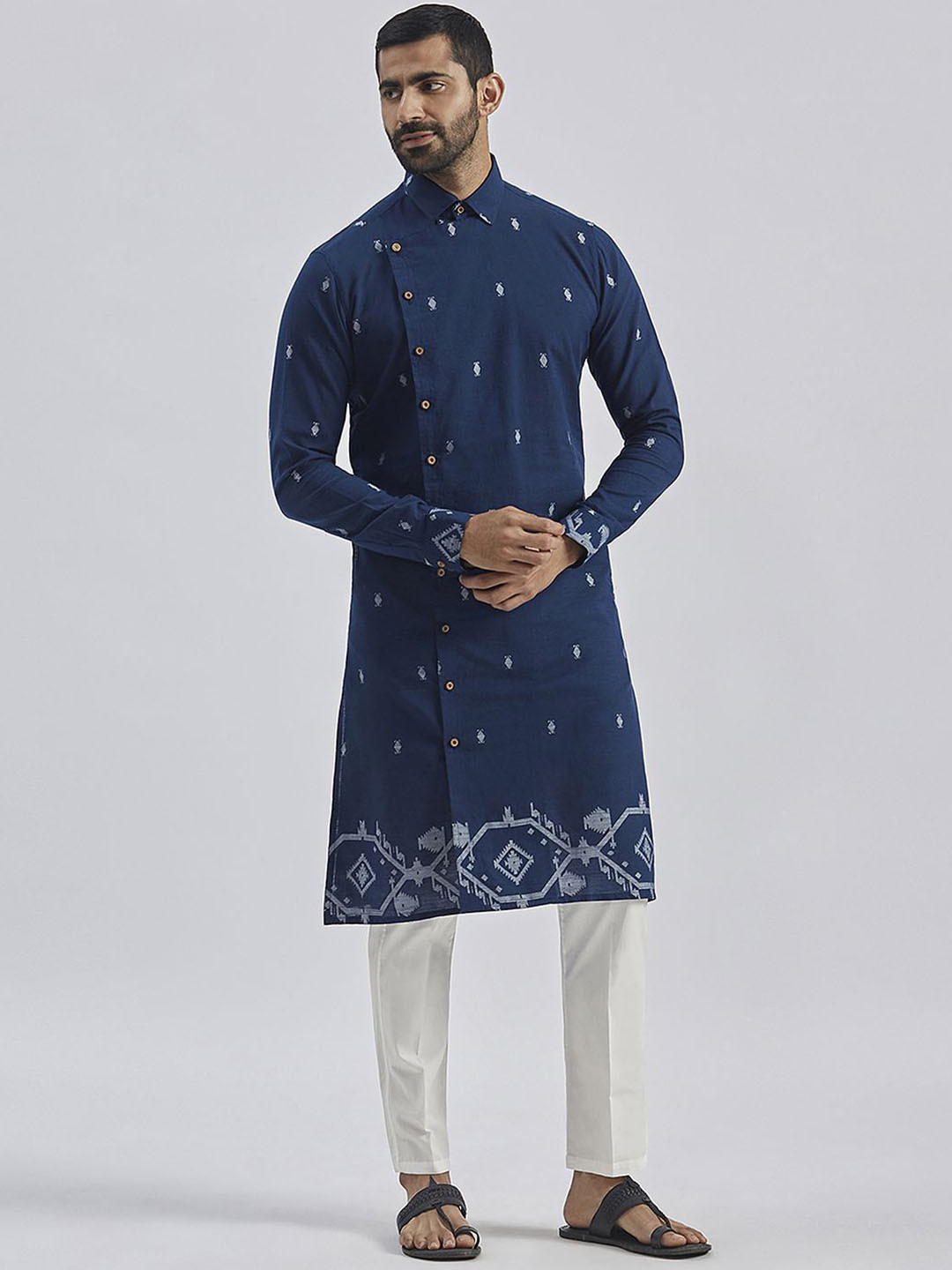VASTRAMAY Floral Woven Design Jacquard Pure Cotton Jamdani Angrakha Kurta With Pyjama