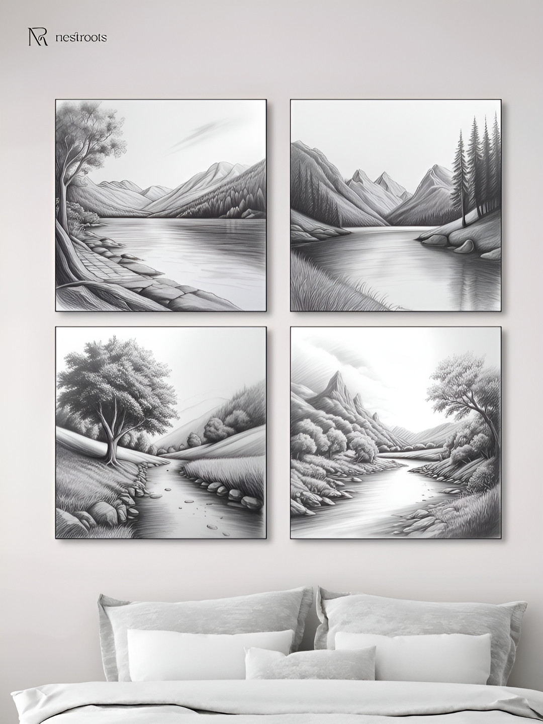 nestroots Grey & White 4 Pieces Serene River and Tree Art Canvas Paintings Wall Arts
