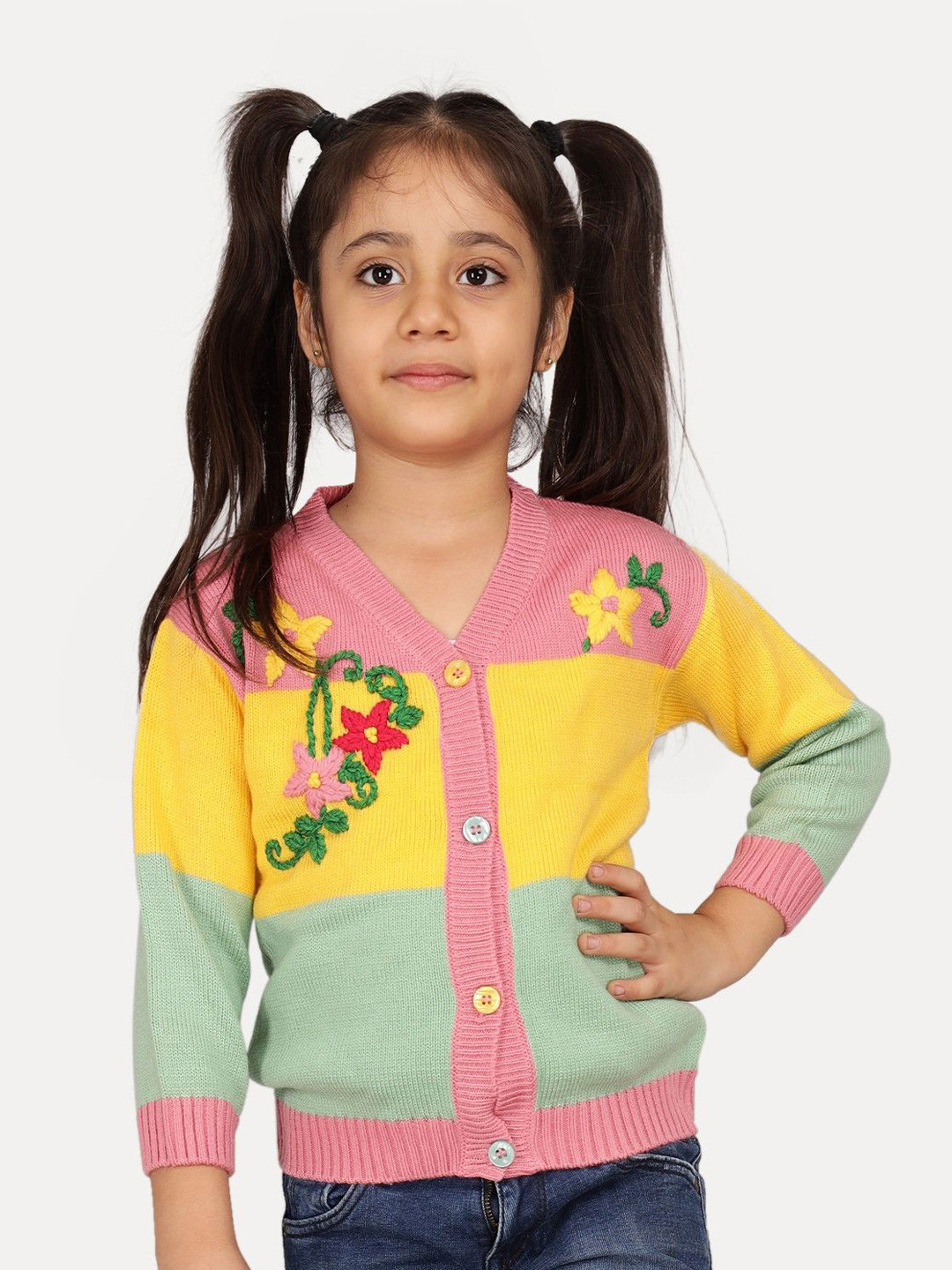 JoE Hazel Girls Embroidered Winter Cardigan with Embroidered Detail