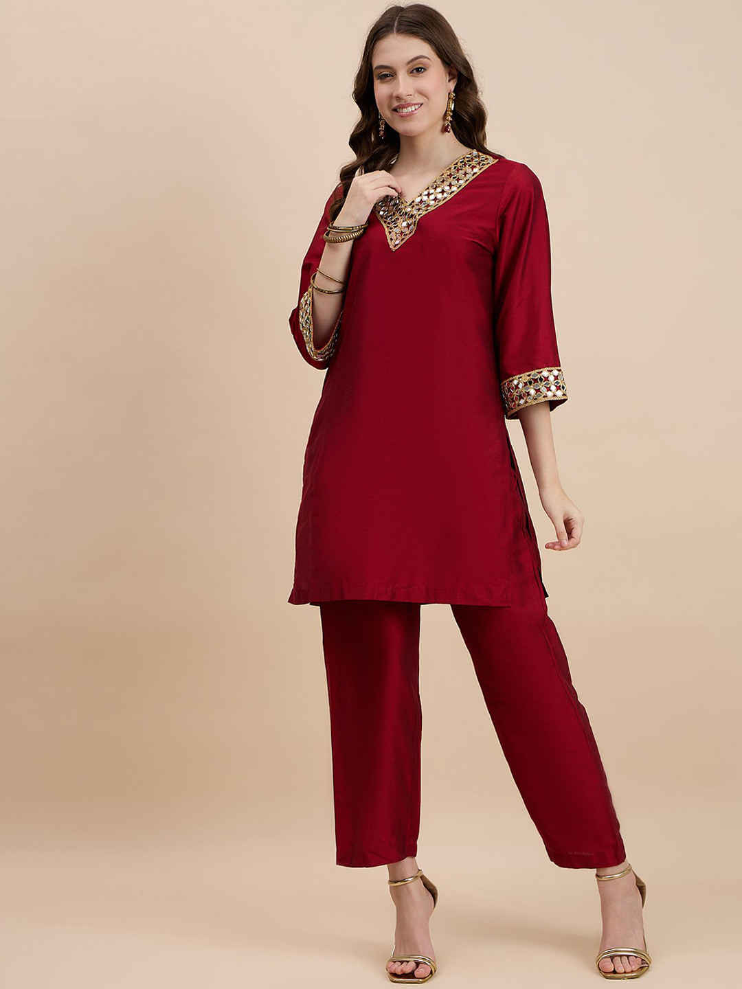 DRAPE AND DAZZLE Mirror Work Tunic With Trouser Co-Ords