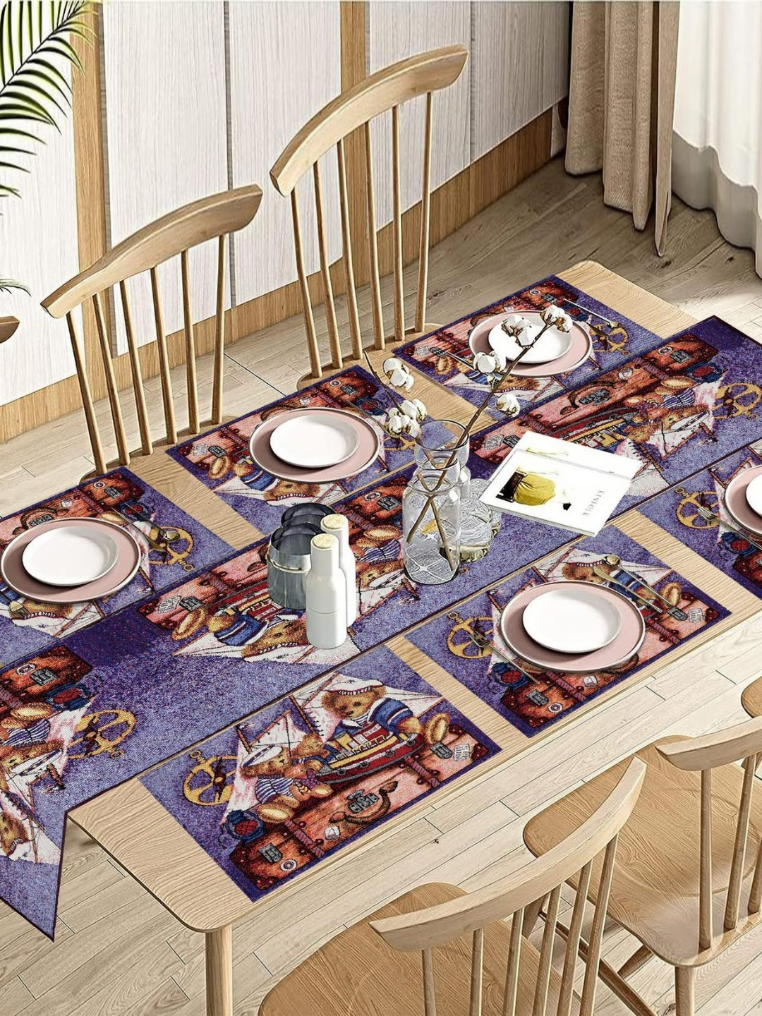 PRAKARTIK Set of 7 Brown Rectangle Shaped Printed Cotton Dining Table Mats With Runner