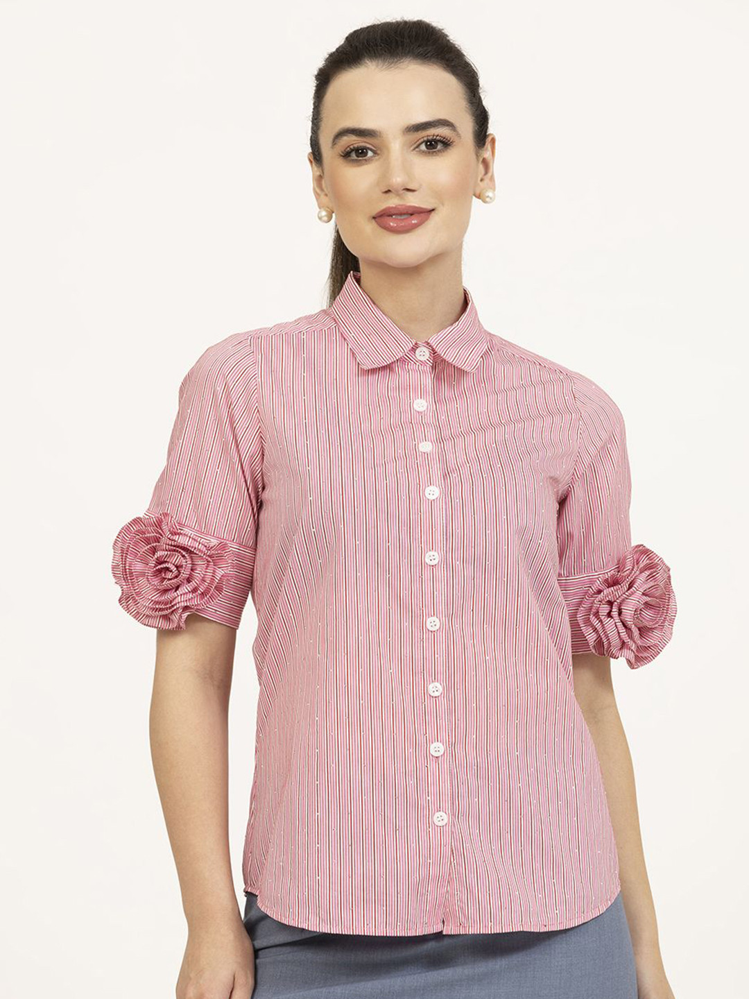 OFFICE & YOU Women Standard Spread Collar Vertical Striped Cotton Casual Shirt