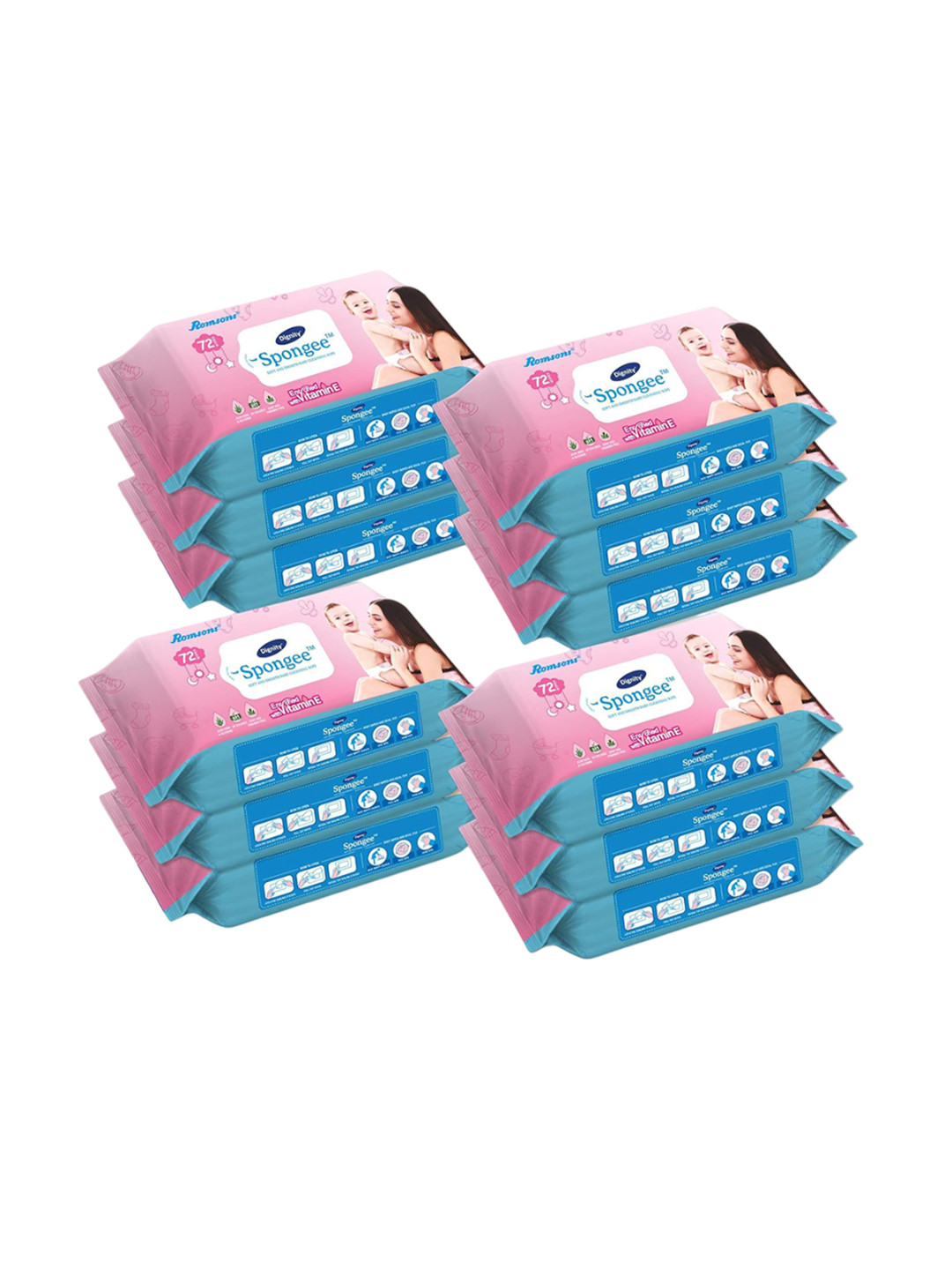Romsons Dignity Spongee Set Of 12 Baby Wet Wipes With Vitamin E- 72 Wipes Each