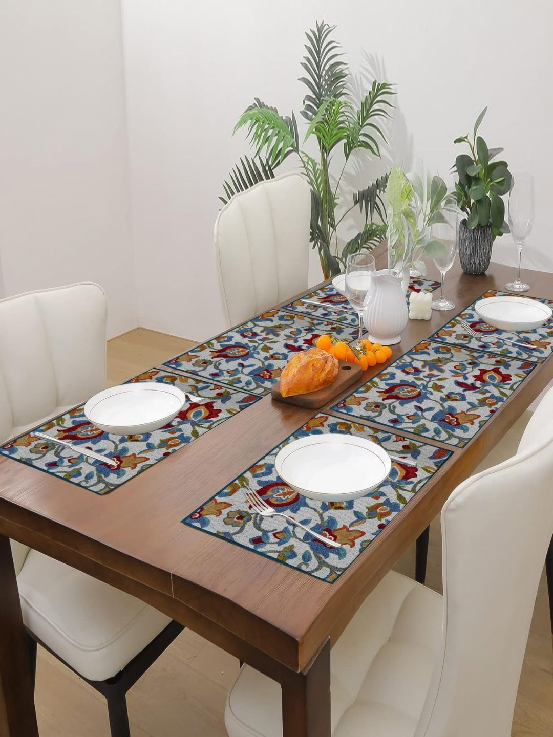 PRAKARTIK Set of 6 Blue & Red Rectangle Shaped Printed Dining Table Mats