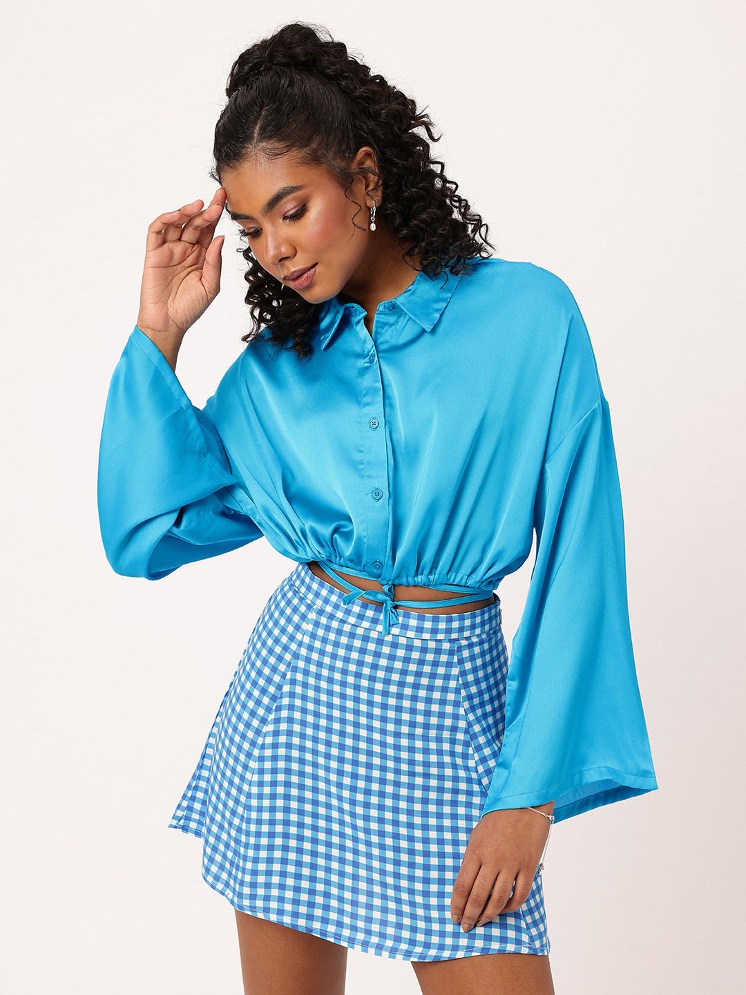 DressBerry Satin Blouson Shirt Style Crop Top