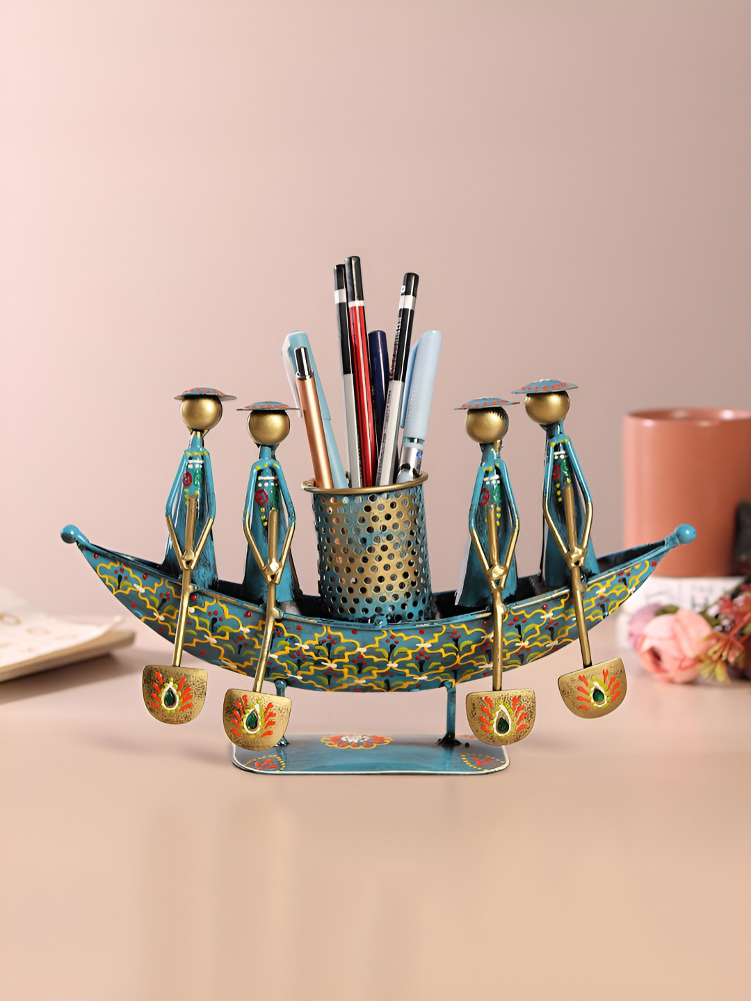 HABERE INDIA Vintage Blue & Gold-Toned Printed Pen Holder Organisers