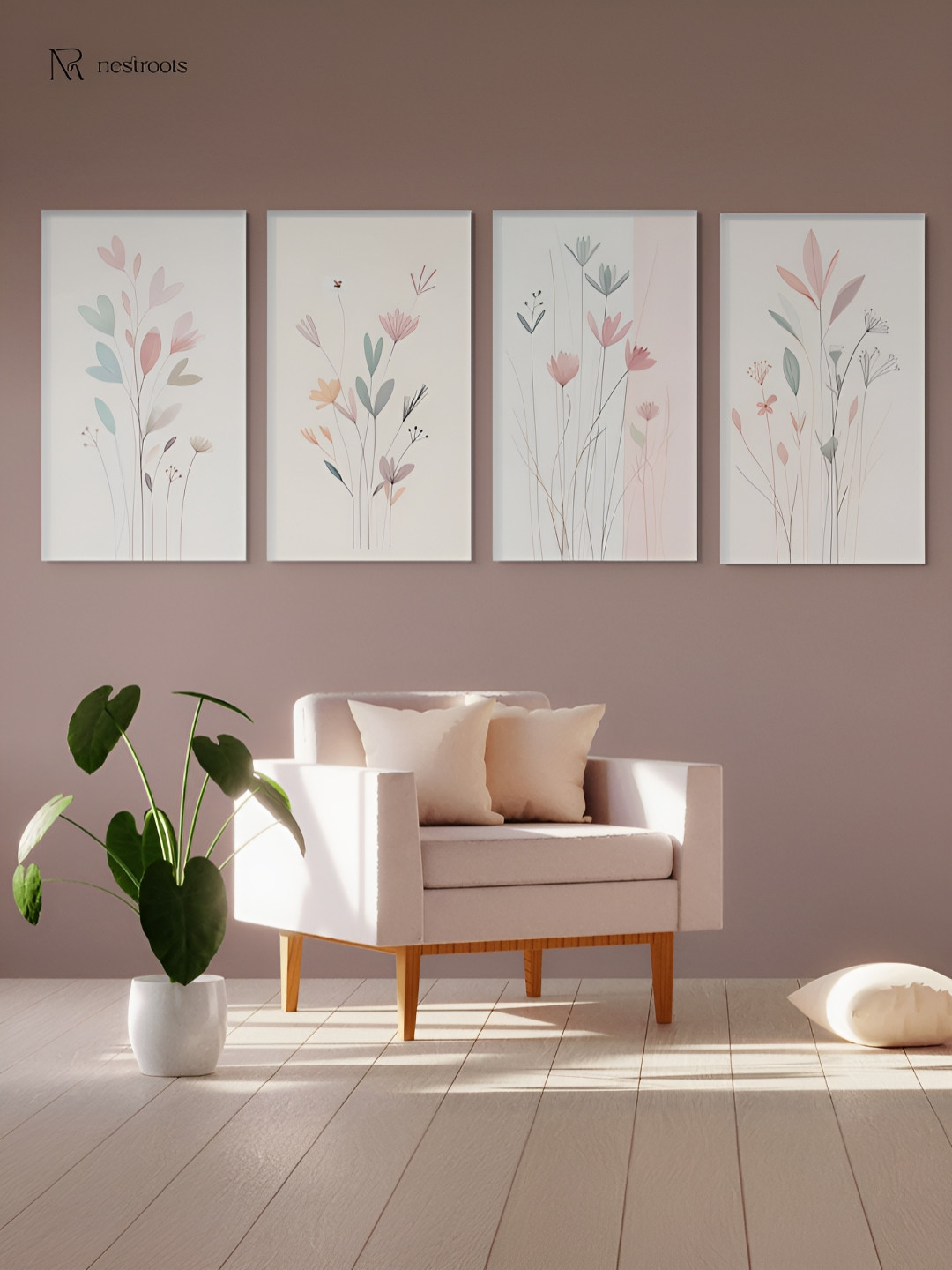 nestroots Serene Bird Branch  White & Pink 4 Pieces Canvas Floral Wall Arts