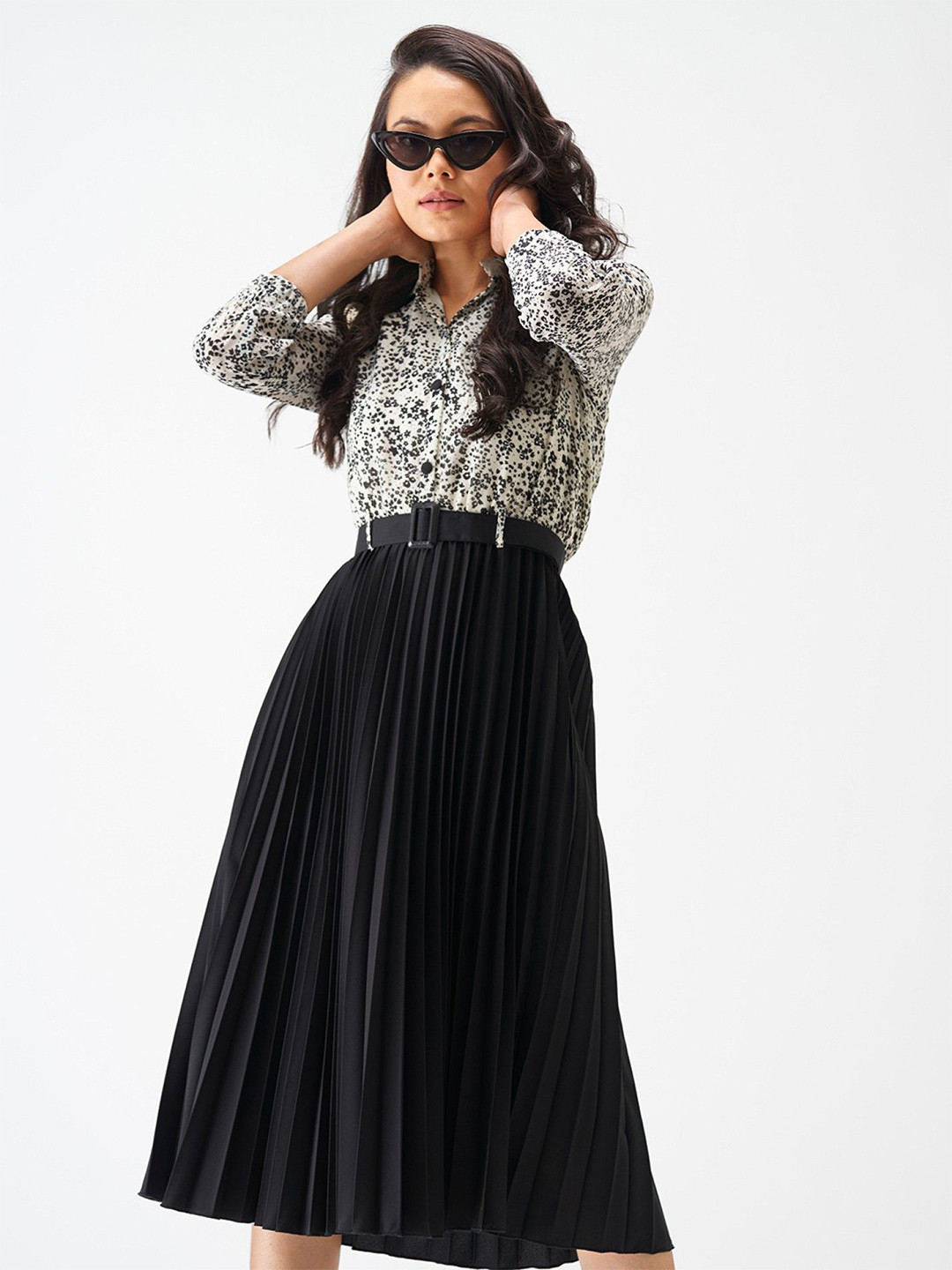 Femvy Floral Print Pleated Fit & Flare Midi Dress With Belt