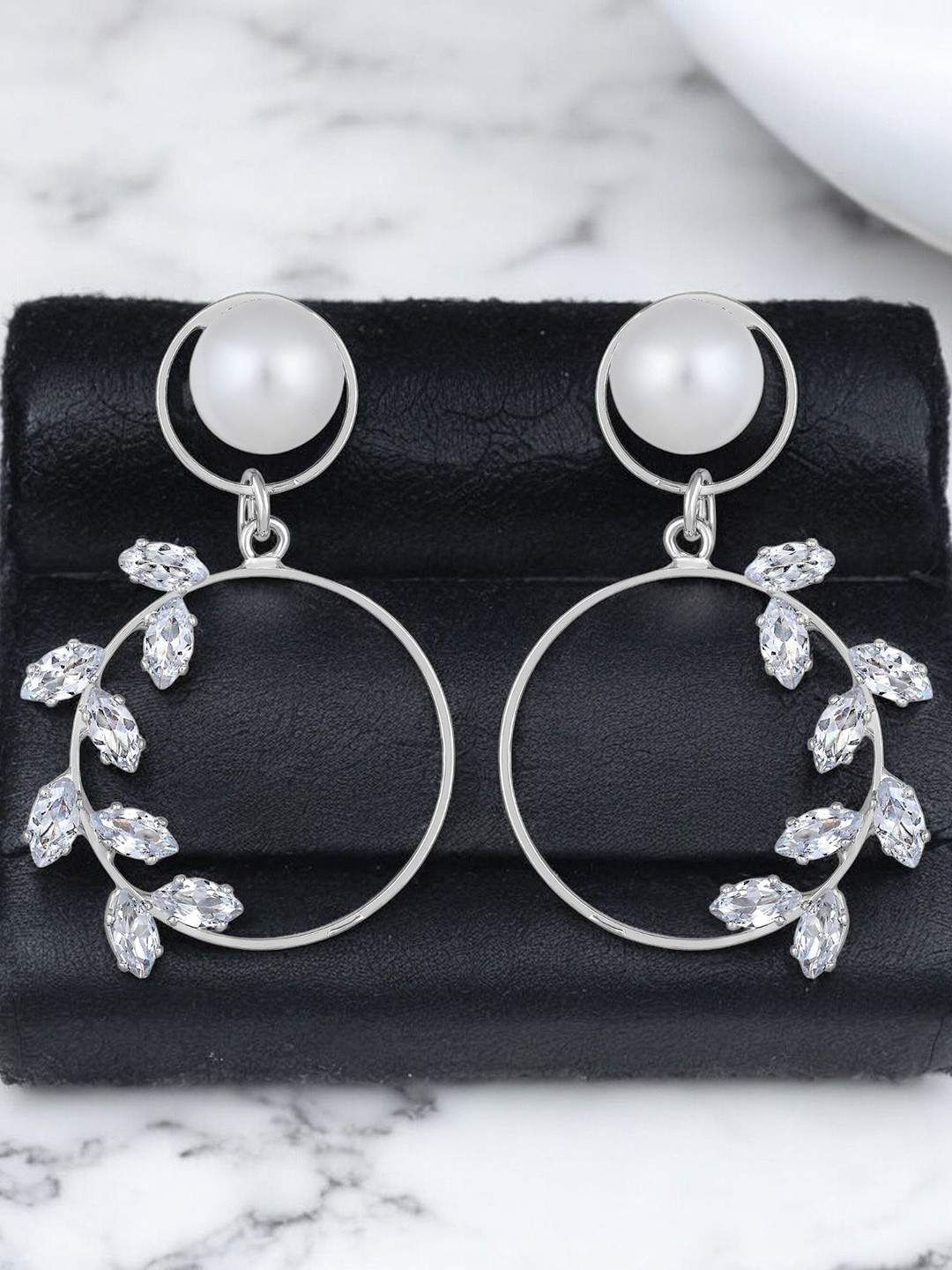 Stefan Silver-Plated American Diamond & Pearls detachable Stud & Drop Earrings