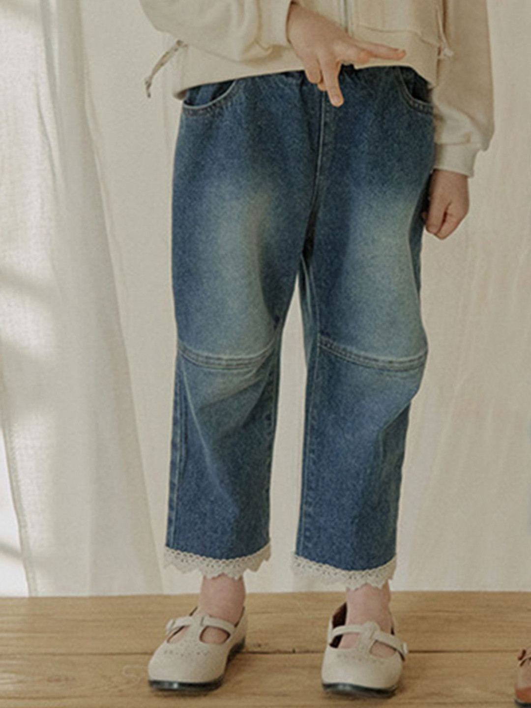 LULU & SKY Girls Cotton Heavy Fade Clean Look Straight Leg Lace Hem Jeans