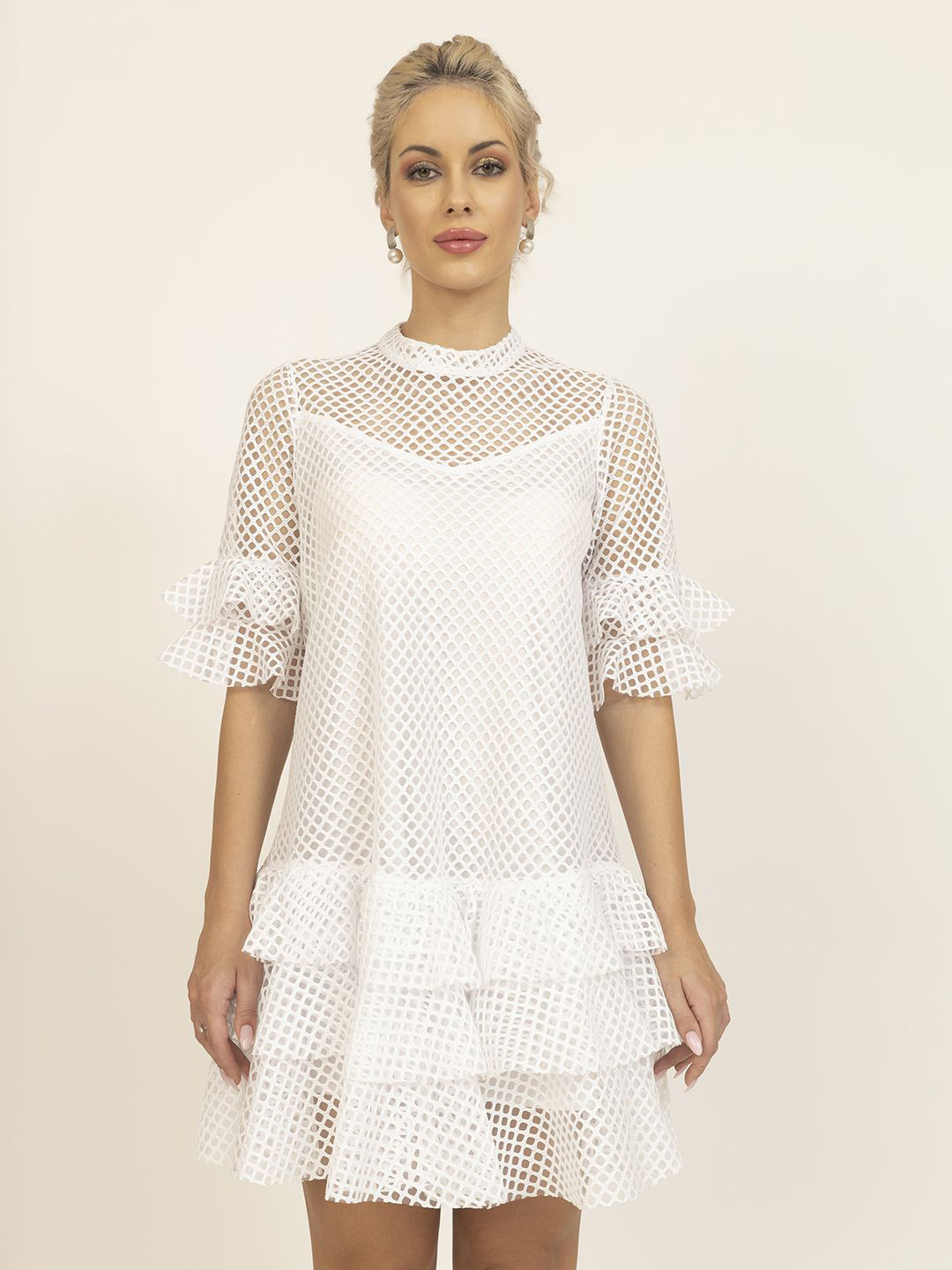 LELA Women Self Design Mock Neck Bell Sleeve A-Line Above Knee Dress