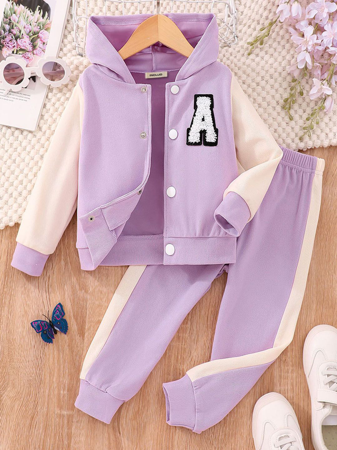 INCLUD Boys Colourblocked Hooded A Alphabet Embroidered Sweatshirt With Joggers