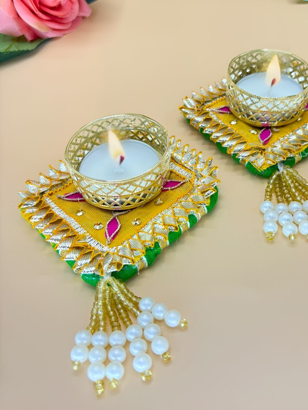 THE HOME CO. Yellow & Gold-Toned 2 Pieces Embellished Gota Tea Light Candle Holder