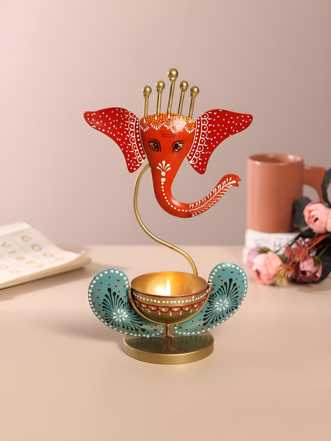 HABERE INDIA Red & Green Printed Lord Ganesha Tea Light Candle Holder
