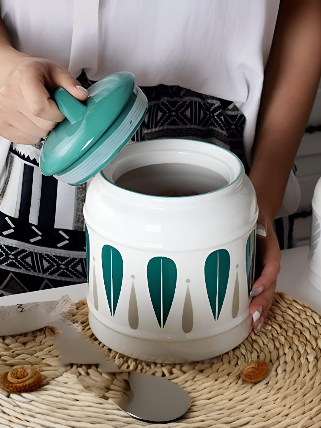 The Better Home White & Green Printed Ceramic Easy to Clean Jar With Lid 2.5