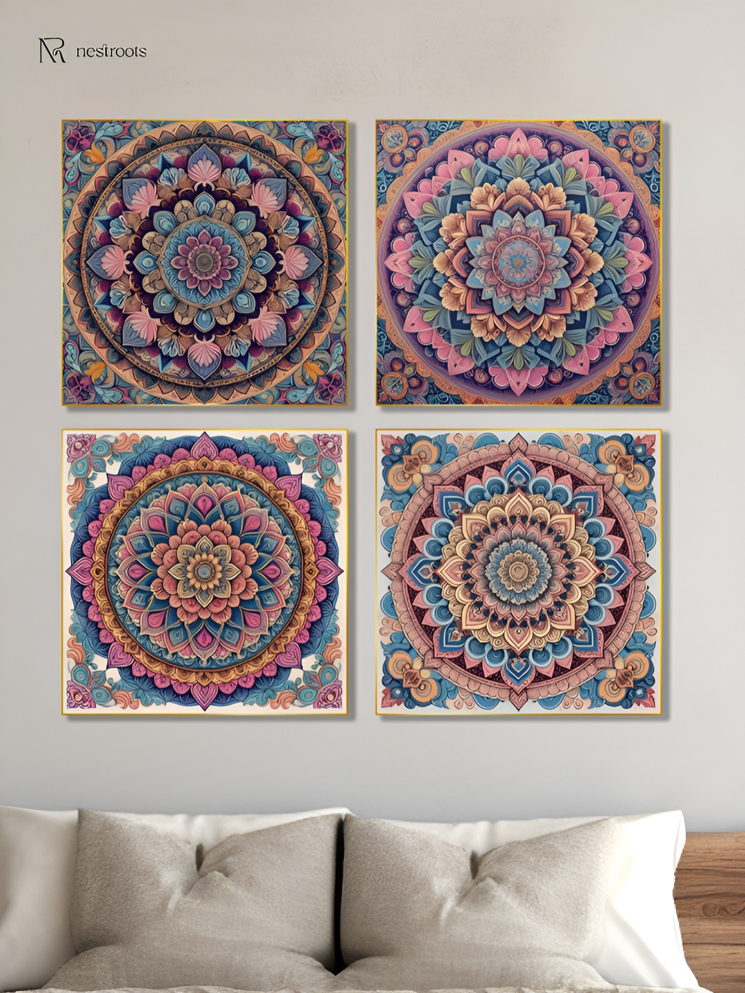 nestroots Intricate Mandala Flower Blue & Pink 4 Pieces Canvas Wall Art