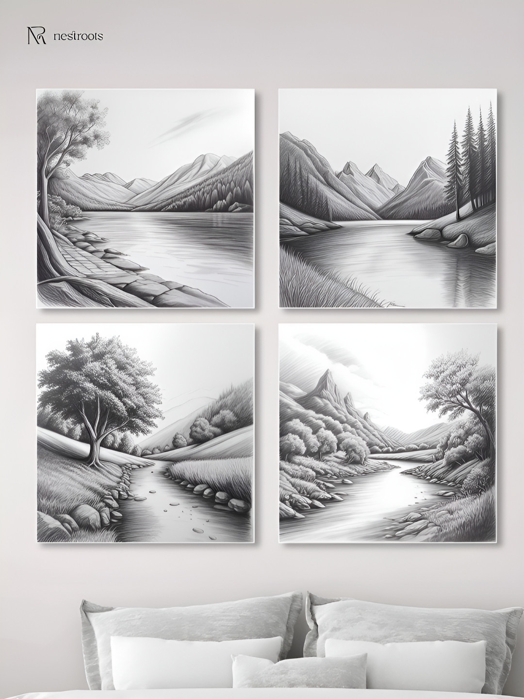 nestroots Black & White 4 Pieces Serene River and Tree Canvas Painting Wall Arts