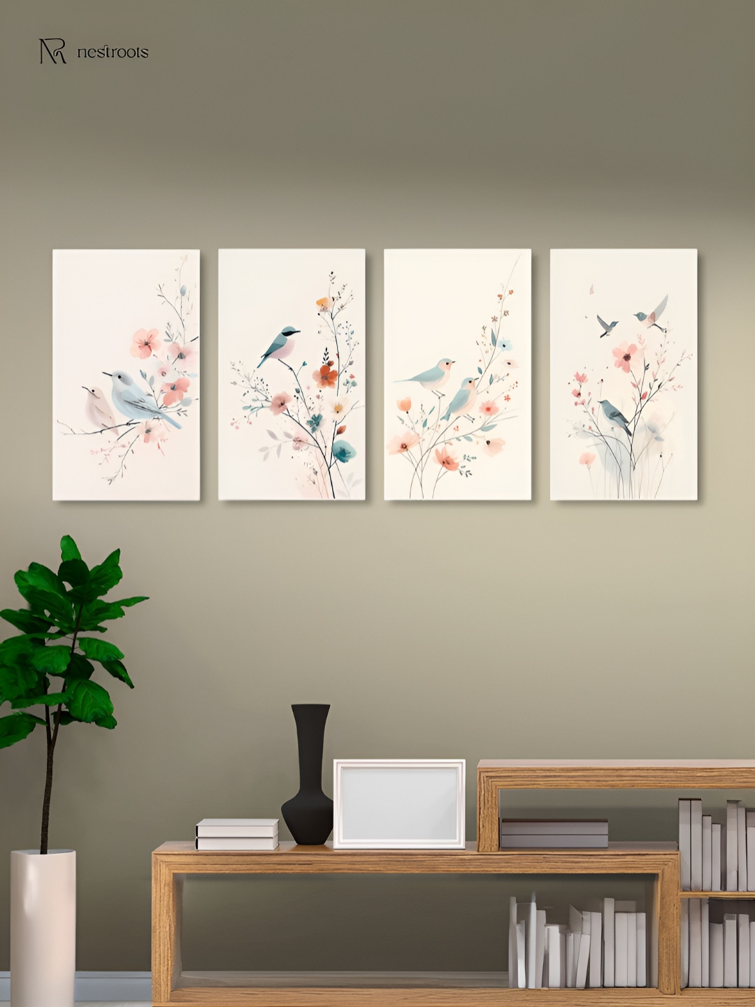 nestroots Birds on Branch Art Beige & Blue 4 Pieces Paintings Canvas Wall Art