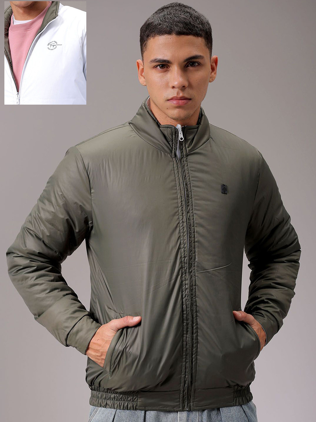 The Indian Garage Co Men High Neck Solid Revesible Bomber Jacket