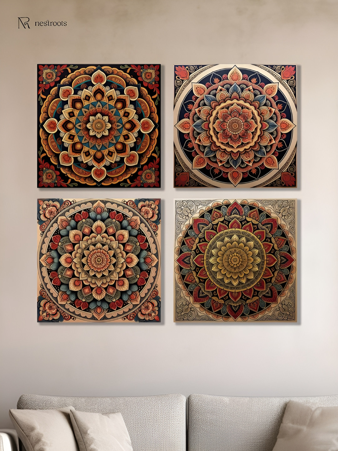nestroots Vibrant Ornate Beige & Blue 4 Pieces Canvas Wall Paintings