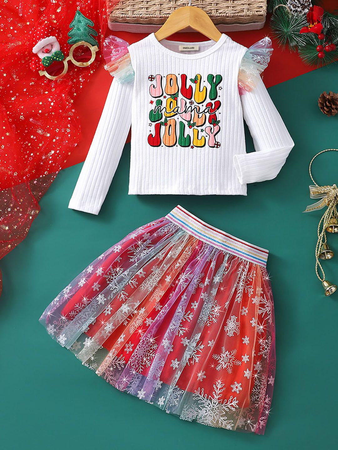 INCLUD Girls Merry Christmas Printed T-shirt with Skirt