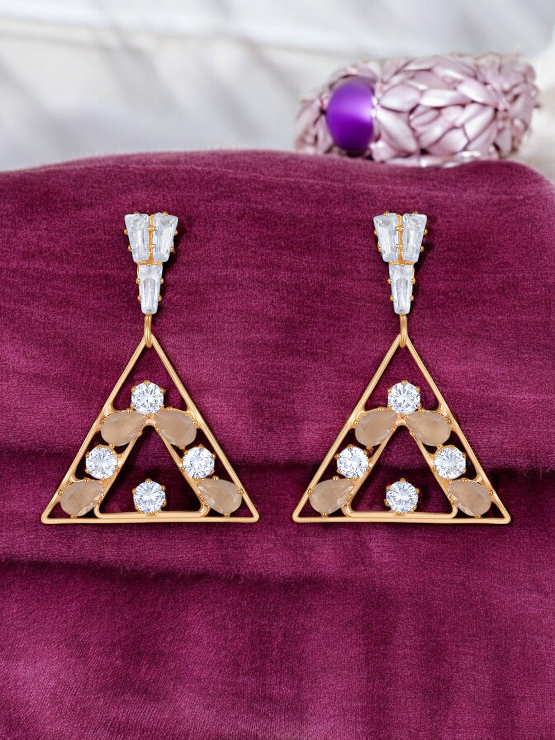 Stefan Rose Gold-Plated Triangular American Diamond Drop Earrings