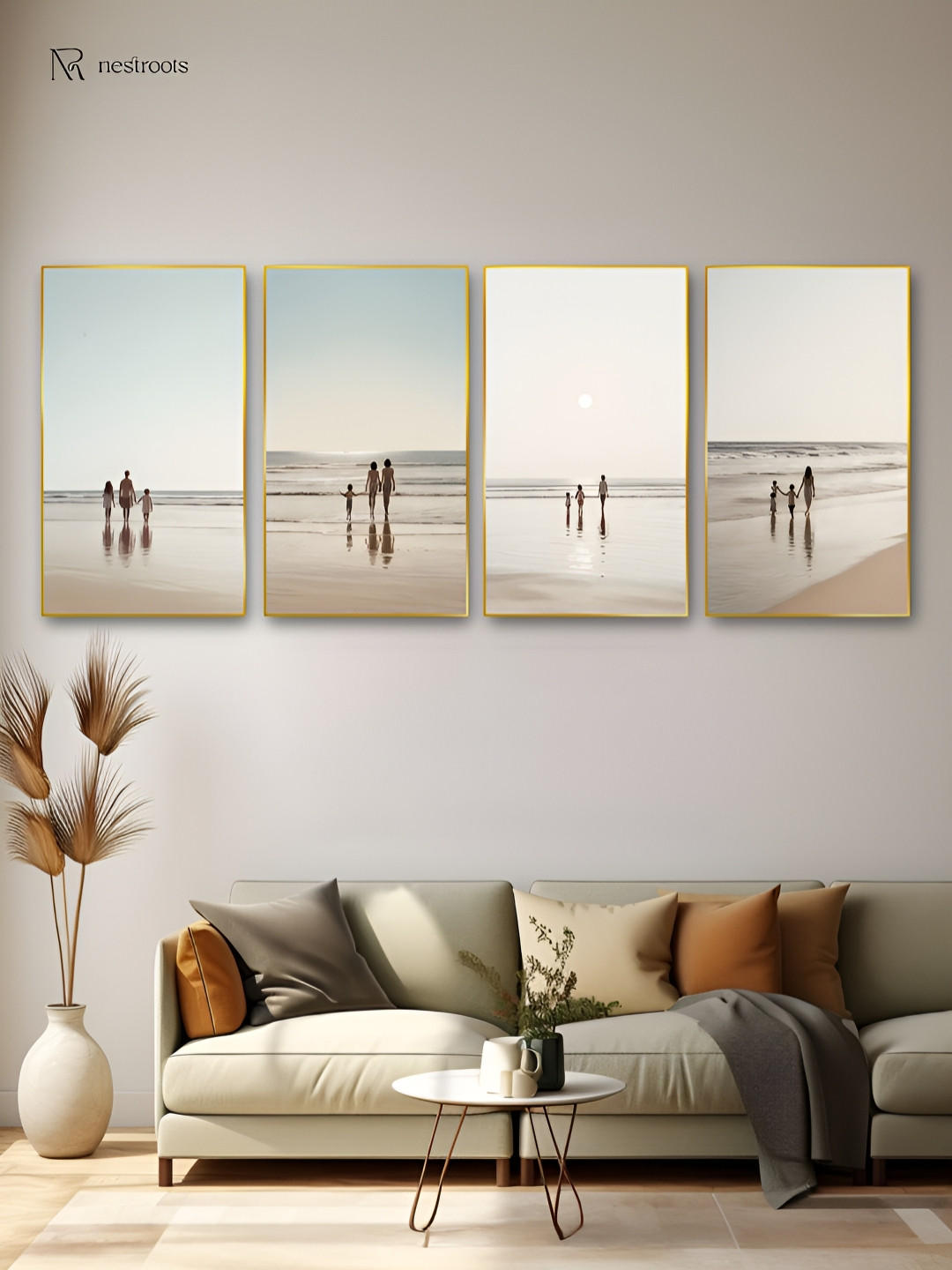 nestroots Beige & Blue 4 Pieces Heartwarming Family Beach Walk Canvas Painting Wall Arts