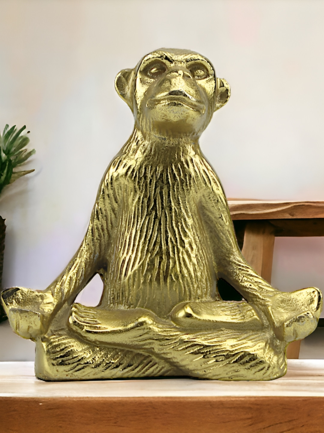 Hind Decor Monkey Meditation Gold Metal Metallic Study Room Hand-Crafted Medium Showpiece - 7.5 Inches