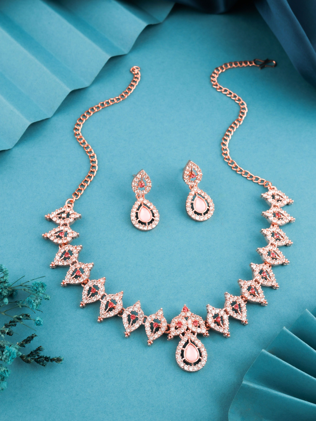VEDDA Rose Gold-Plated American Diamond Stone Studded Jewellery Set