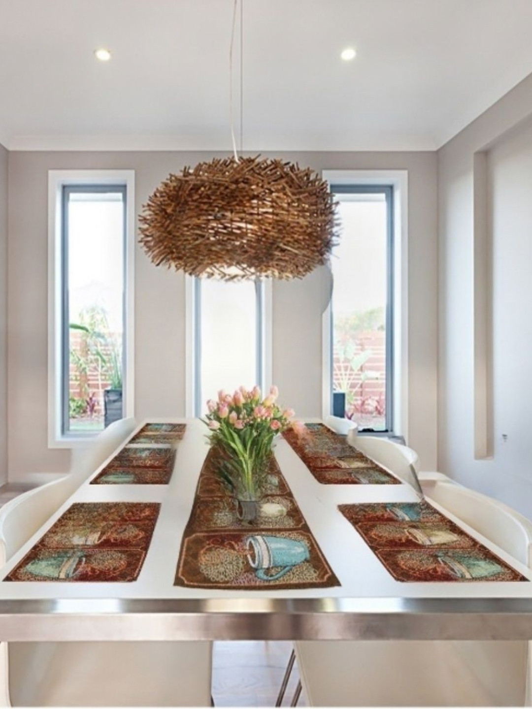 PRAKARTIK Set of 7 Green Rectangle Shaped Printed Cotton Dining Table Mats With Runner