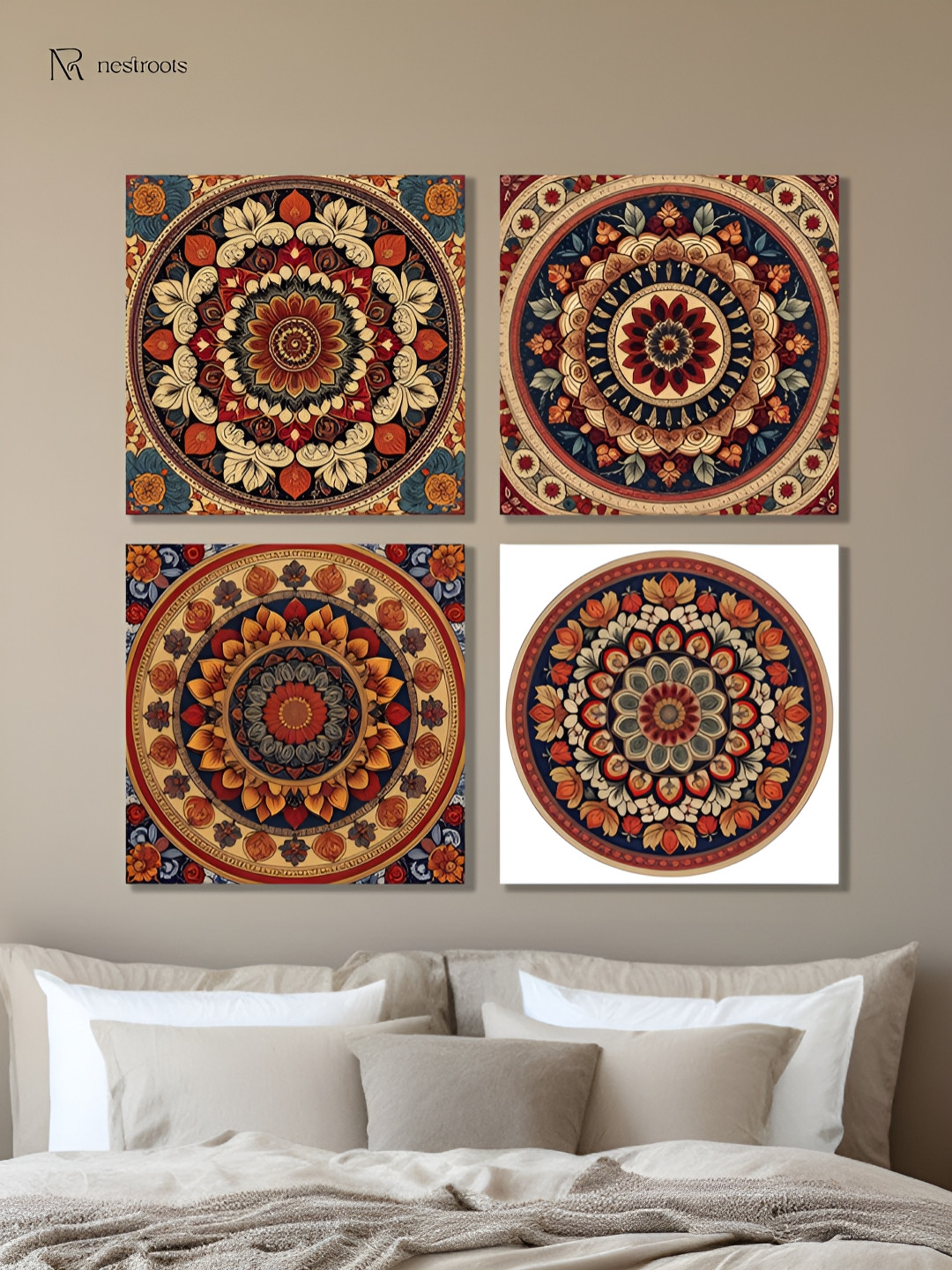 nestroots Red & Grey 4 Pieces Traditional Floral Circle Canvas Wall Paintings