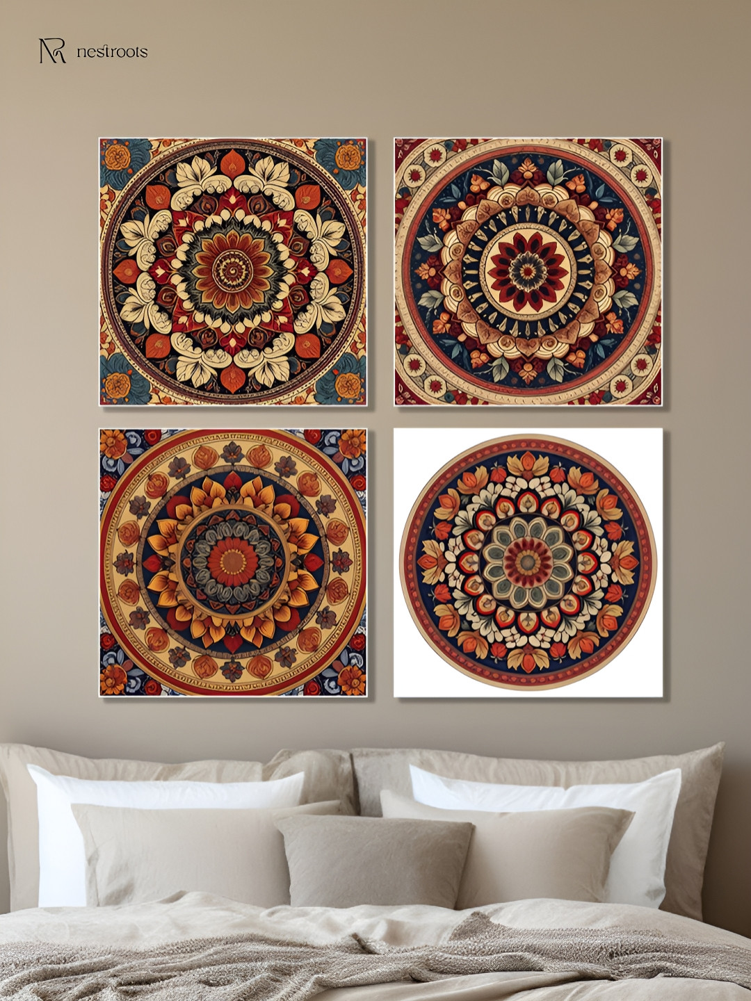 nestroots Grey & Red 4 Pieces Traditional Floral Circle Painting Canvas Wall Art