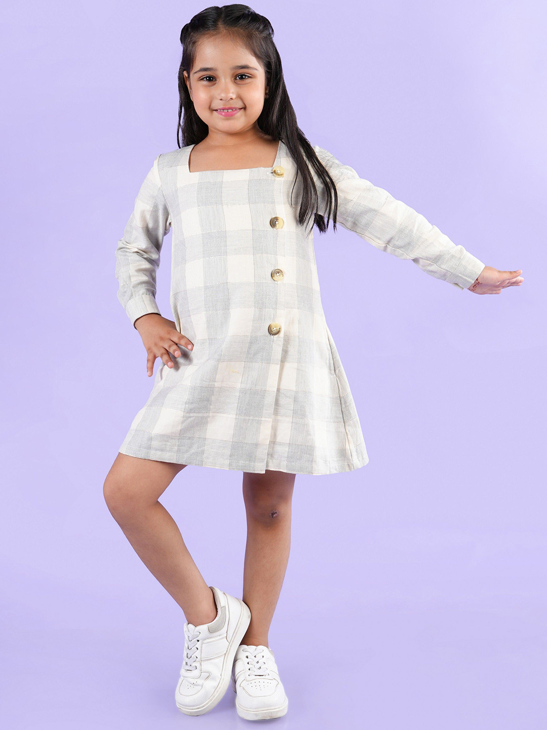 Nature Nook Kids Girls Cotton Checked Square Neck Long Sleeves Drop-Waist Dress