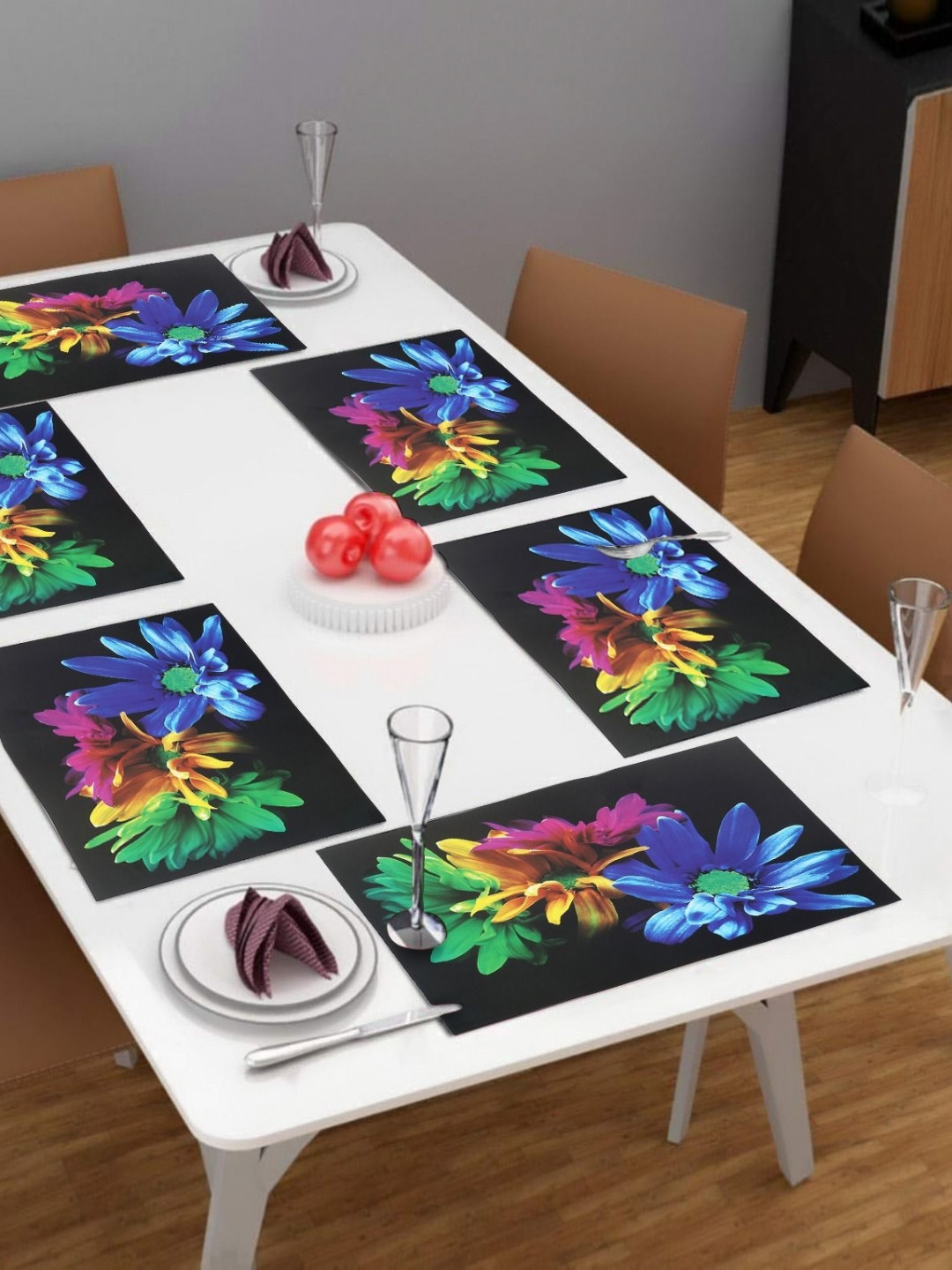 LooMantha Black & Blue 6 Pieces Rectangle Shaped Printed Table Placemats