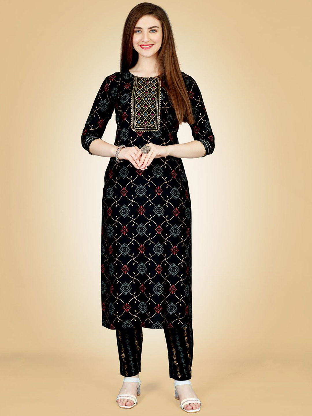 HI FI NX Ethnic Motifs Printed Straight Sequinned Kurta with Trousers