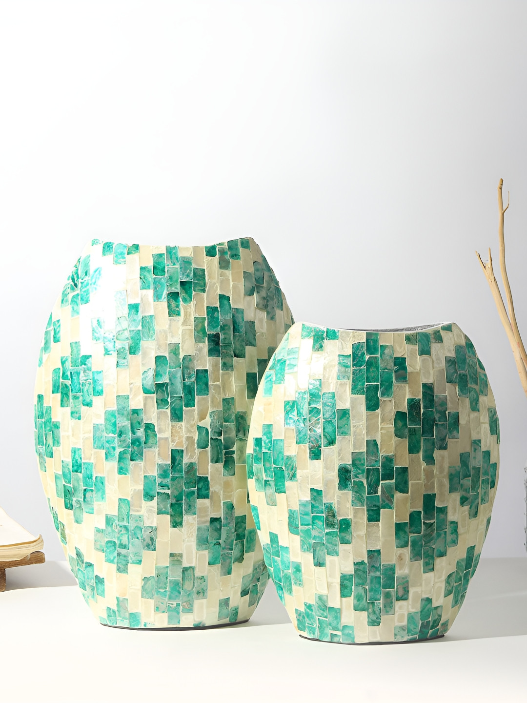 HABERE INDIA Blue & Beige 2 Pieces Geometric Printed Oval Flower Vases
