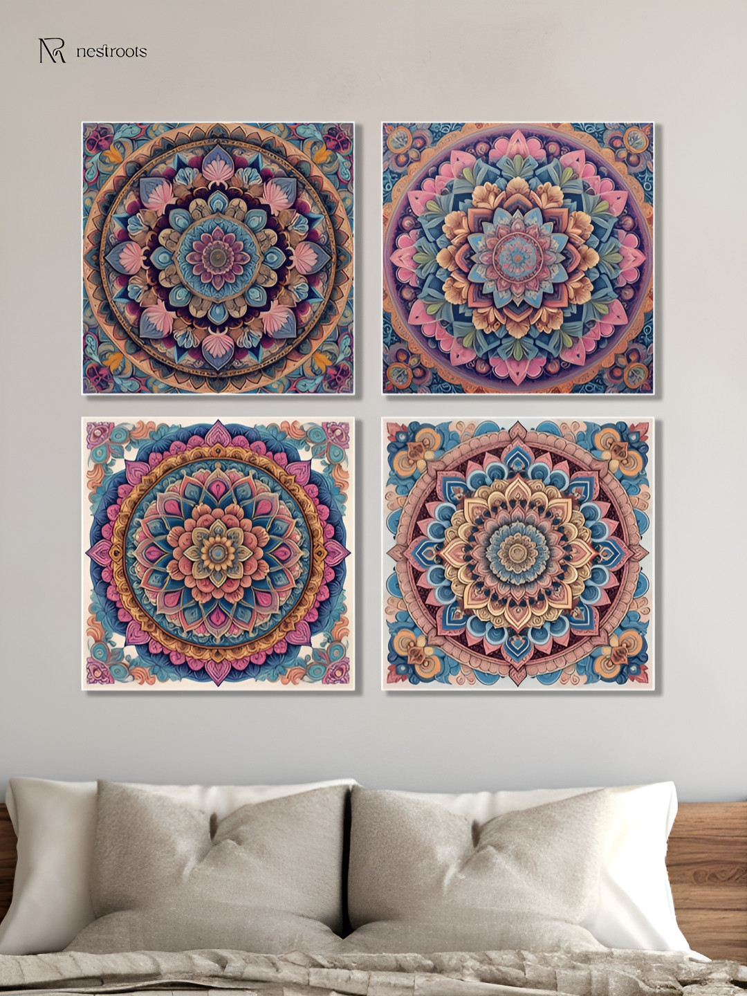 nestroots Pink & Blue 4 Pieces Mandala Flower Canvas Painting Wall Arts
