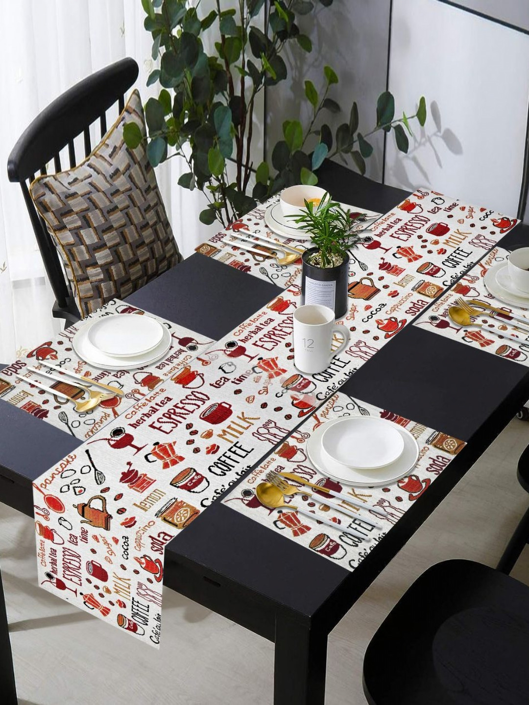 PRAKARTIK Set of 5 White & Red Cotton Printed Rectangle Dining Table Mats With Runner