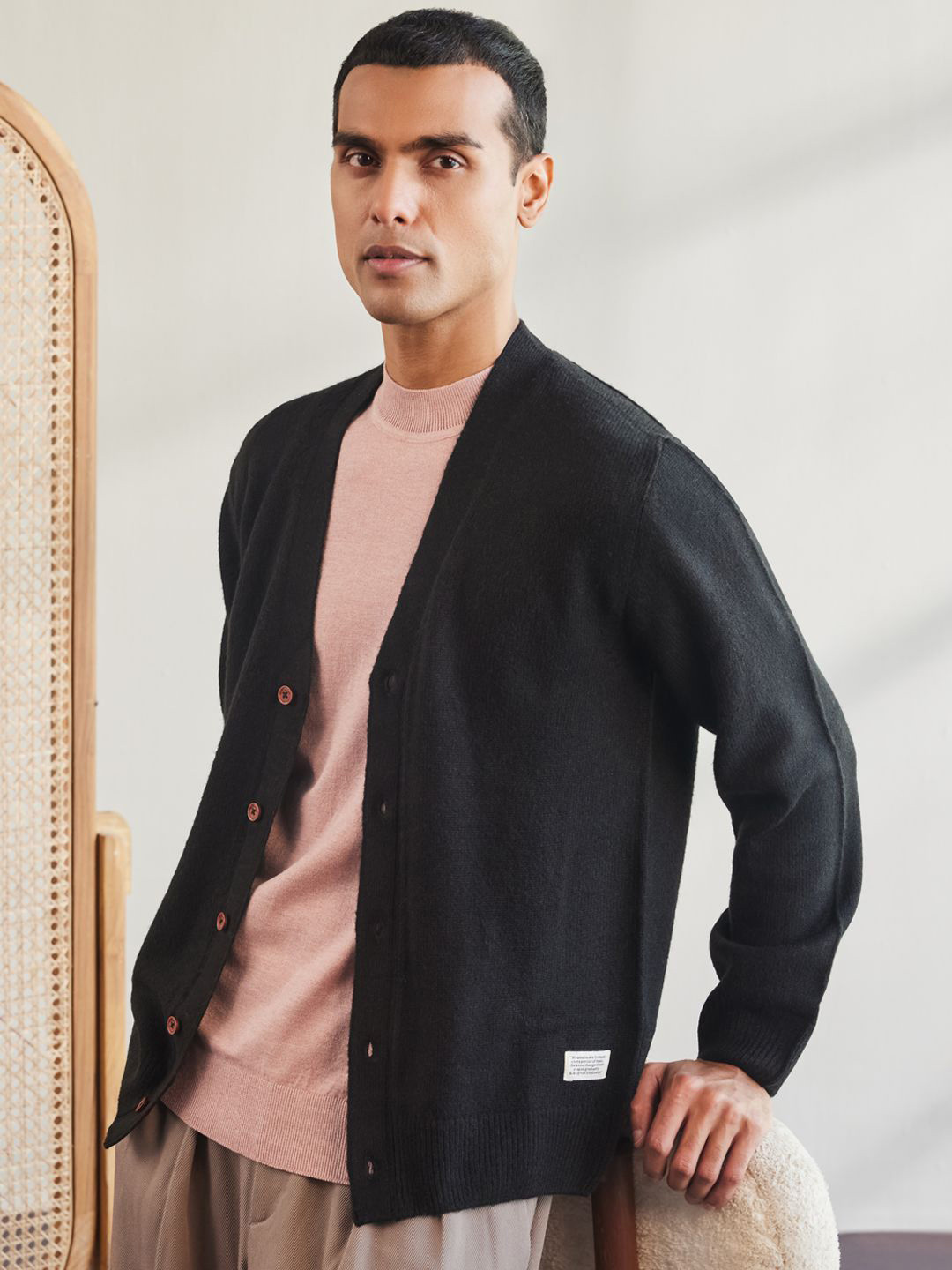 Mr Bowerbird Men Black Long Sleeves Front Open V Neck Cardigan Sweaters