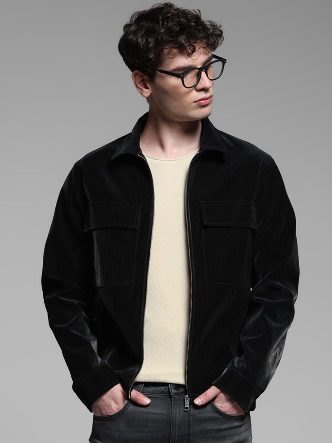 Jack & Jones Men Spread Collar Solid Casual Biker Jacket