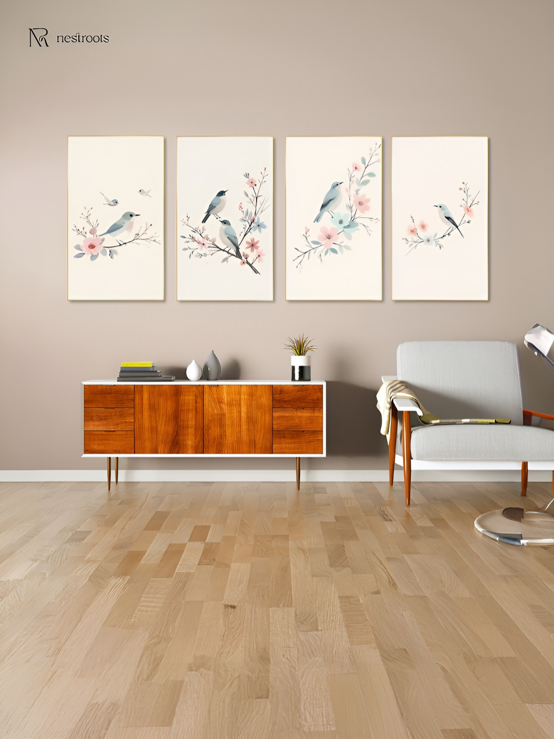 nestroots Beige & Blue 4 Pieces Chirpy Birds Canvas Paintings Wall Arts