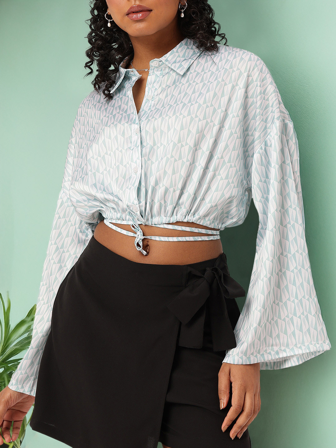 DressBerry  Tie-Ups Satiny Glam Blouson Shirt Style Crop Top