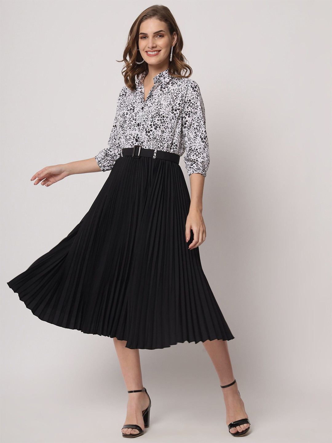 Raiyani Enterprise Women Black Floral Print Applique Fit & Flare Shirt Collar Maxi Dress