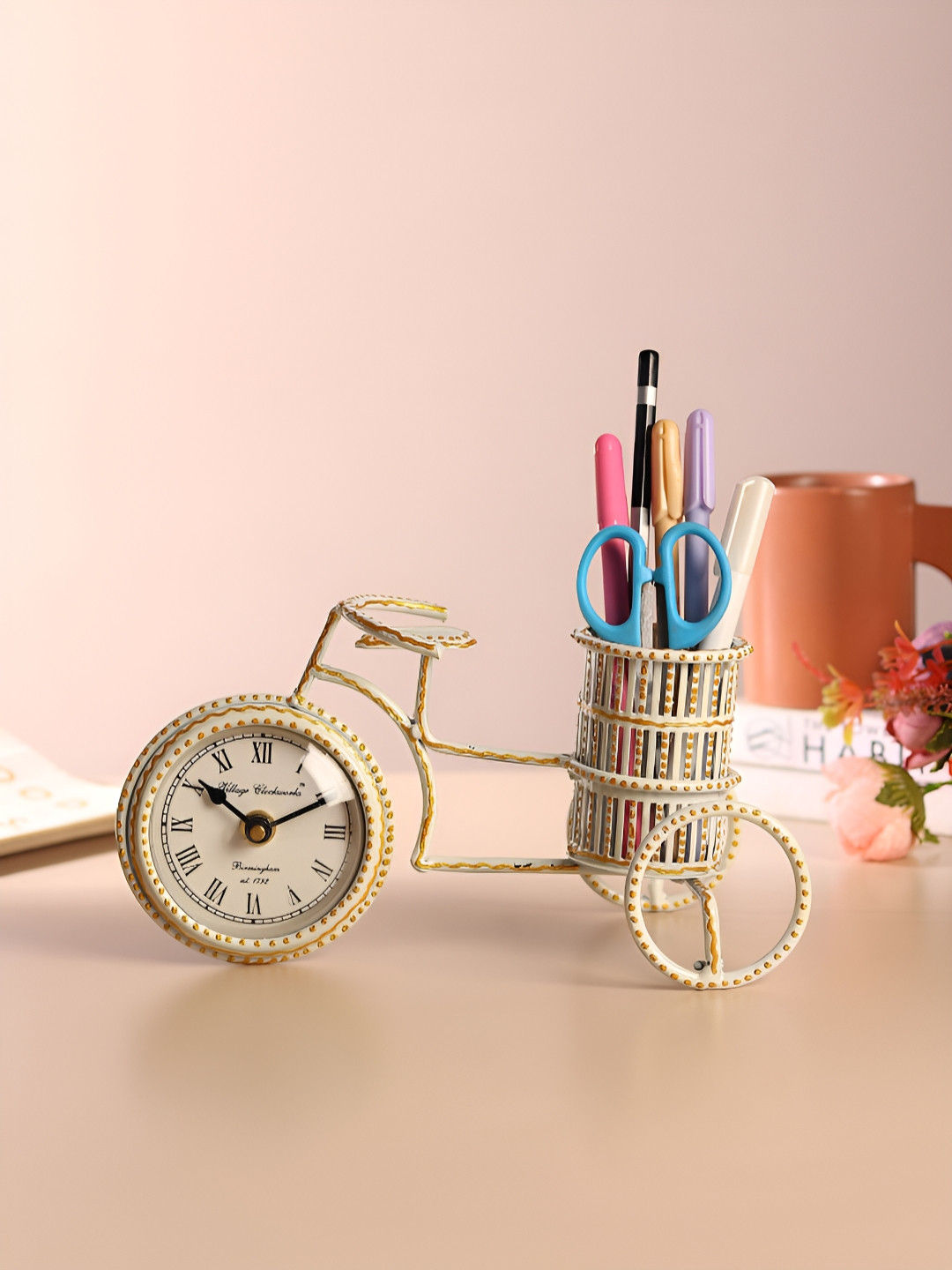 HABERE INDIA White Pen Holder & Table Clock Desk Organiser